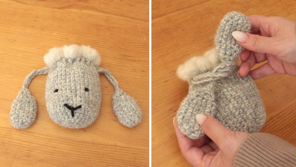 クラフトハートトーカイオリジナル新作編み図「かぎ針で編むひつじ巾着」（作品例）
