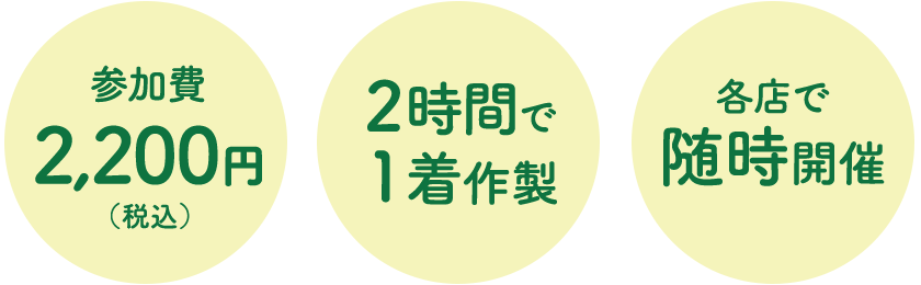 参加費2,200円（税込）・2時間で1着作製・各店で随時開催
